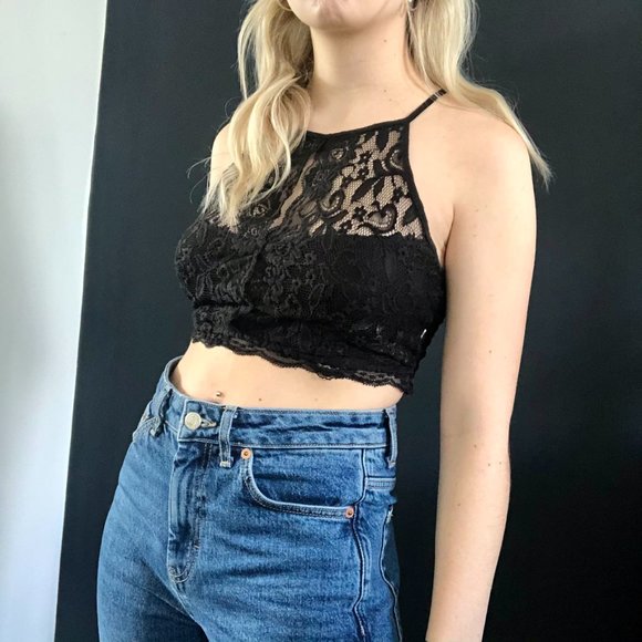 Black Lace Halter Crop Top - Picture 1 of 3